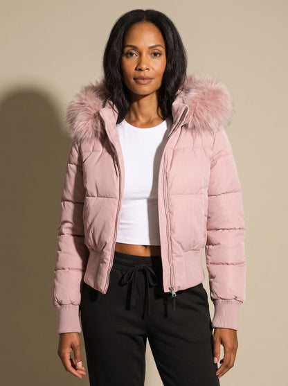 Cozy Fitted Puffer Jacket for Women with Faux Fur Hood Long Sleeve Quilted Zip Winter Style