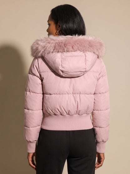Cozy Fitted Puffer Jacket for Women with Faux Fur Hood Long Sleeve Quilted Zip Winter Style