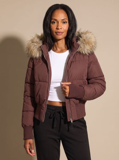 Cozy Fitted Puffer Jacket for Women with Faux Fur Hood Long Sleeve Quilted Zip Winter Style
