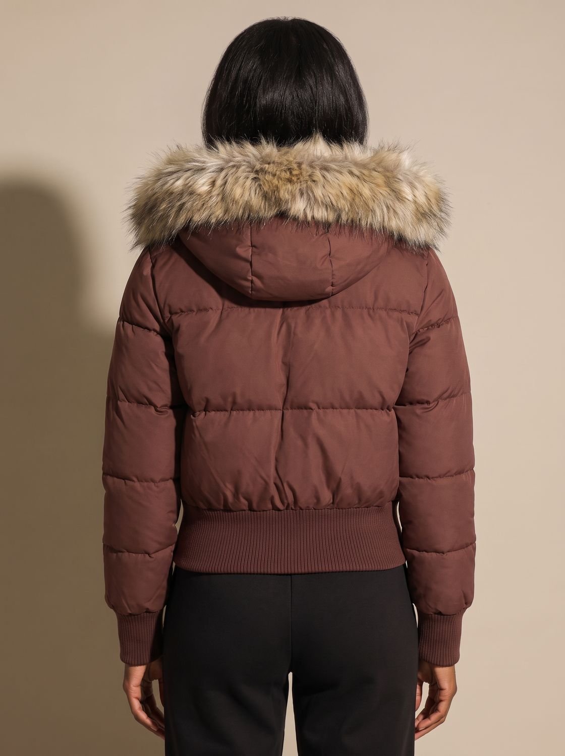 Cozy Fitted Puffer Jacket for Women with Faux Fur Hood Long Sleeve Quilted Zip Winter Style