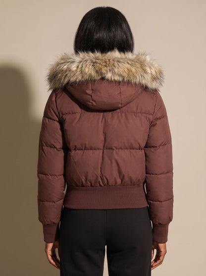 Cozy Fitted Puffer Jacket for Women with Faux Fur Hood Long Sleeve Quilted Zip Winter Style