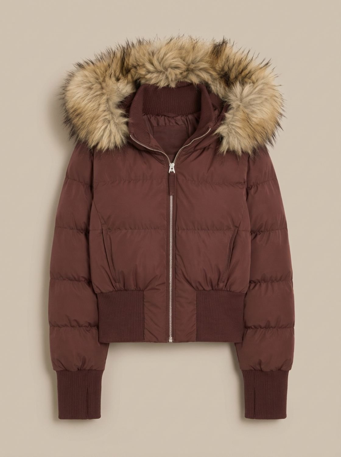 Cozy Fitted Puffer Jacket for Women with Faux Fur Hood Long Sleeve Quilted Zip Winter Style