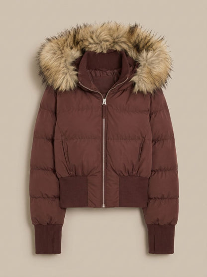 Cozy Fitted Puffer Jacket for Women with Faux Fur Hood Long Sleeve Quilted Zip Winter Style