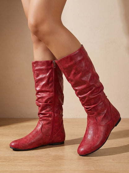 Chic Faux Leather Knee High Boots for Women with Slouchy Shaft Side-Zip Flat Heel Round-Toe Style