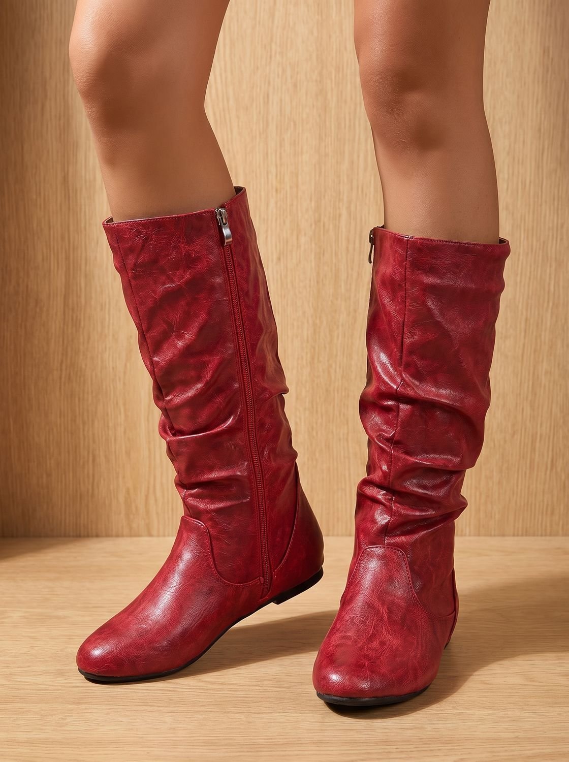 Chic Faux Leather Knee High Boots for Women with Slouchy Shaft Side-Zip Flat Heel Round-Toe Style