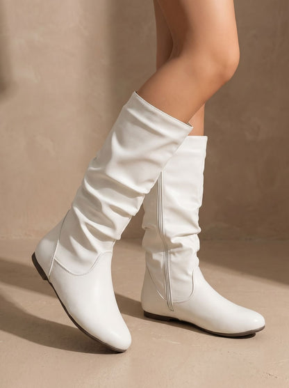 Chic Faux Leather Knee High Boots for Women with Slouchy Shaft Side-Zip Flat Heel Round-Toe Style