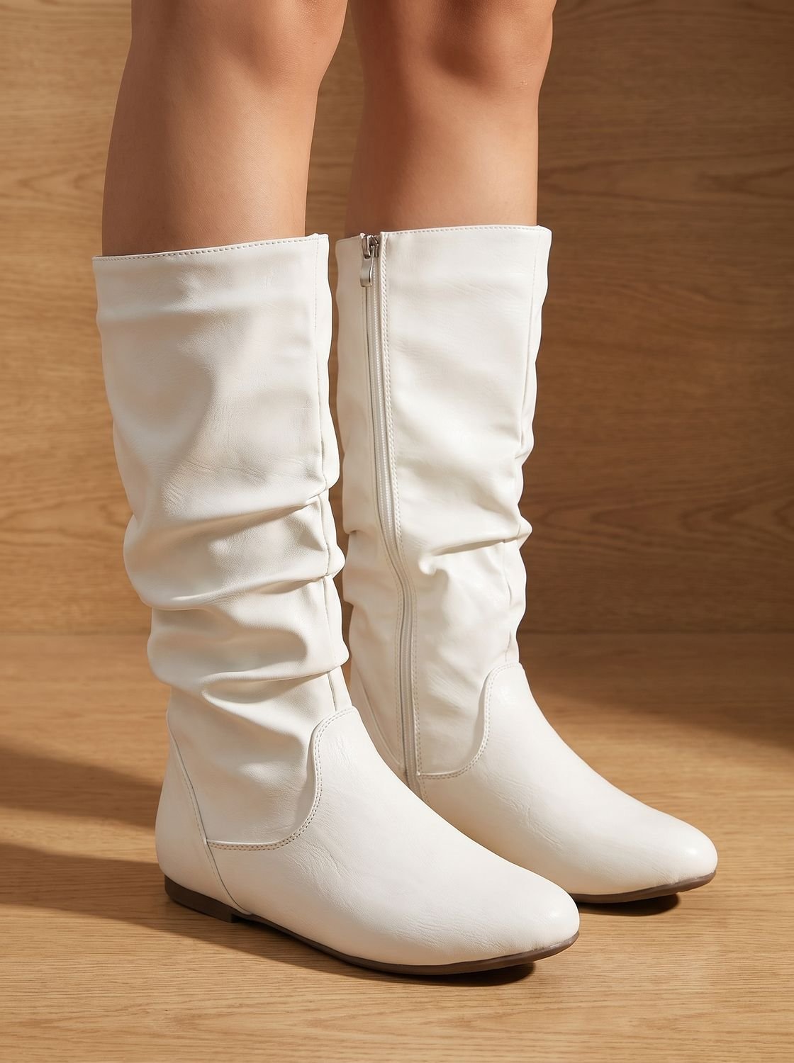 Chic Faux Leather Knee High Boots for Women with Slouchy Shaft Side-Zip Flat Heel Round-Toe Style