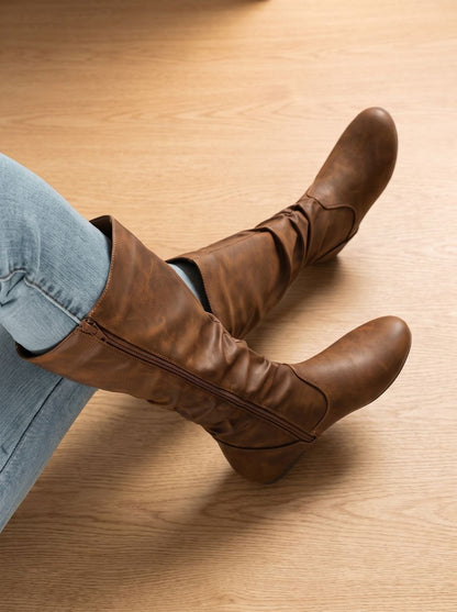 Chic Faux Leather Knee High Boots for Women with Slouchy Shaft Side-Zip Flat Heel Round-Toe Style