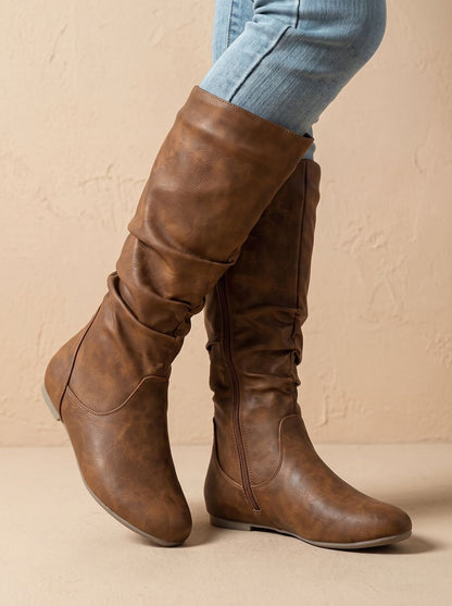 Chic Faux Leather Knee High Boots for Women with Slouchy Shaft Side-Zip Flat Heel Round-Toe Style