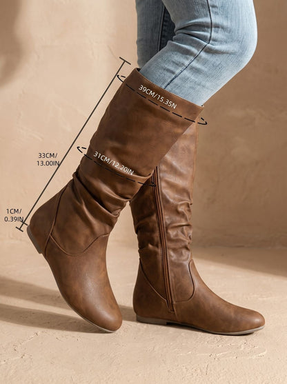 Chic Faux Leather Knee High Boots for Women with Slouchy Shaft Side-Zip Flat Heel Round-Toe Style