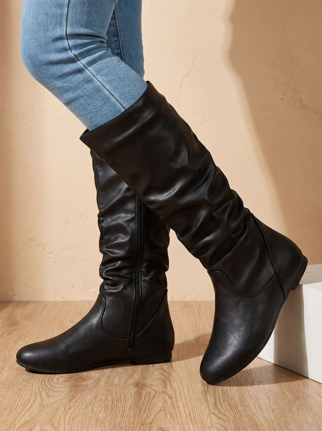 Chic Faux Leather Knee High Boots for Women with Slouchy Shaft Side-Zip Flat Heel Round-Toe Style
