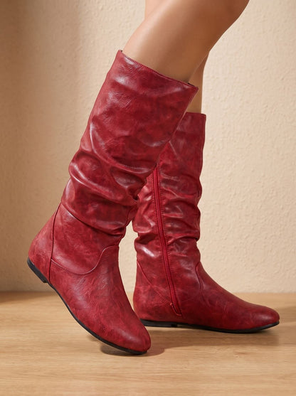 Chic Faux Leather Knee High Boots for Women with Gathered Shaft Side-Zip Flat Heel Pointed-Toe Style