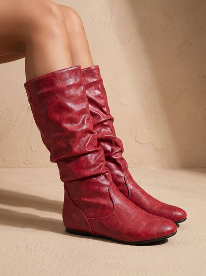 Chic Faux Leather Knee High Boots for Women with Gathered Shaft Side-Zip Flat Heel Pointed-Toe Style