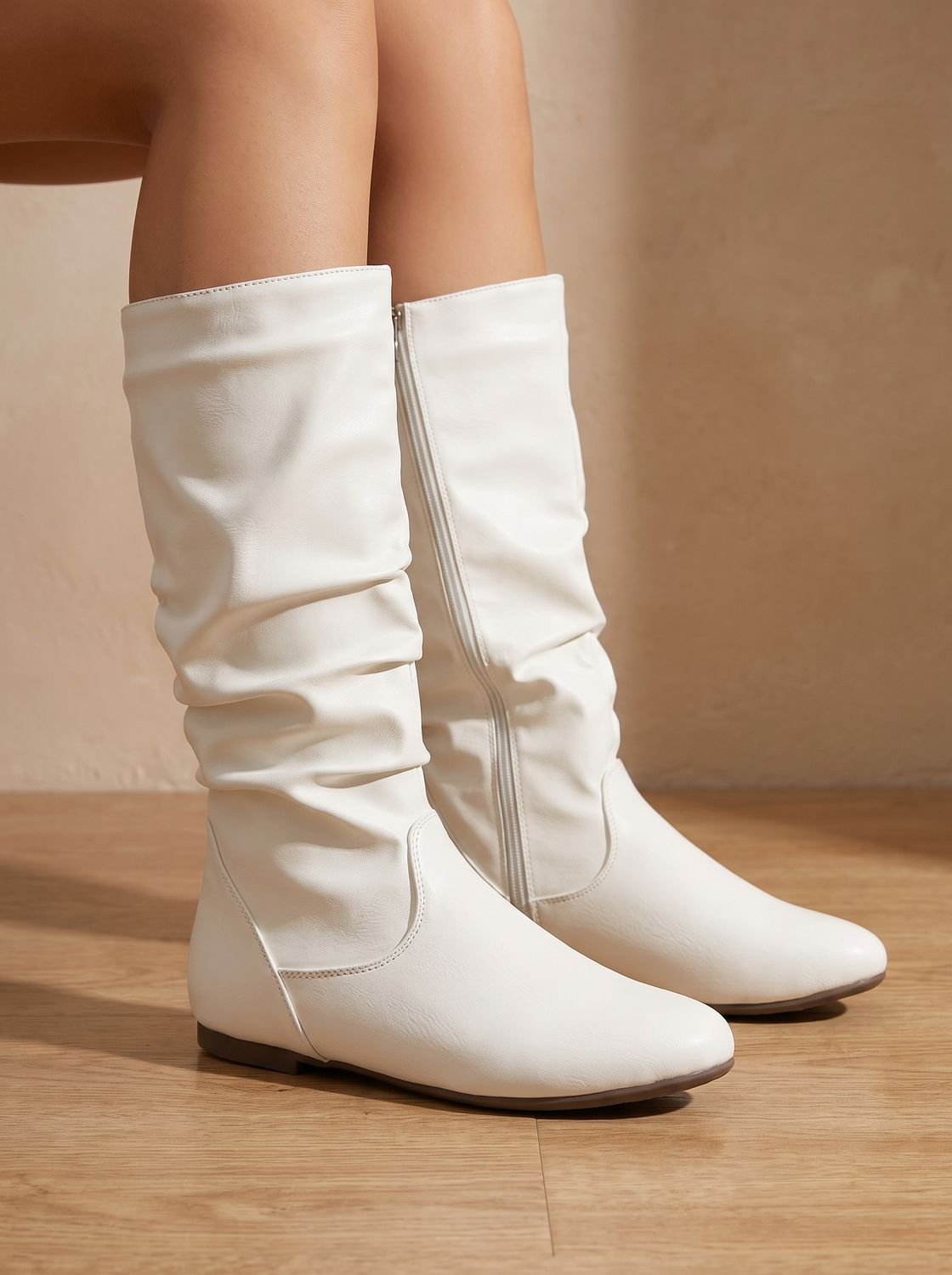 Chic Faux Leather Knee High Boots for Women with Gathered Shaft Side-Zip Flat Heel Pointed-Toe Style