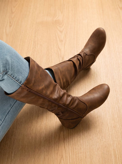 Chic Faux Leather Knee High Boots for Women with Gathered Shaft Side-Zip Flat Heel Pointed-Toe Style