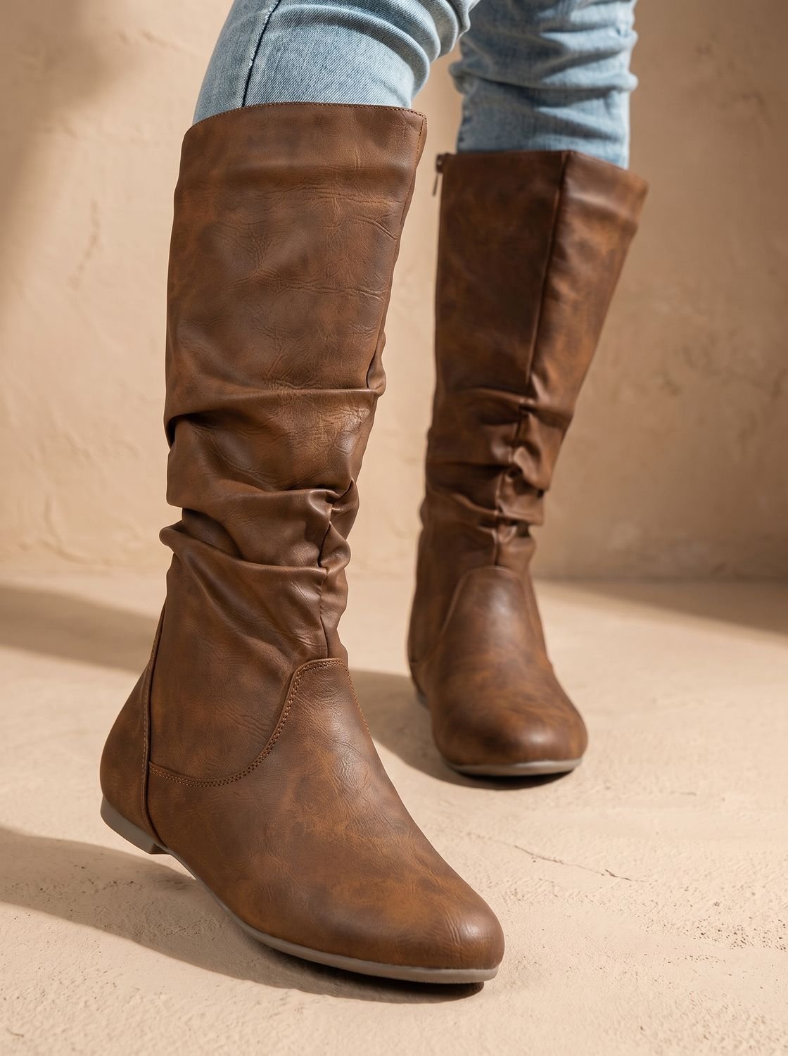Chic Faux Leather Knee High Boots for Women with Gathered Shaft Side-Zip Flat Heel Pointed-Toe Style