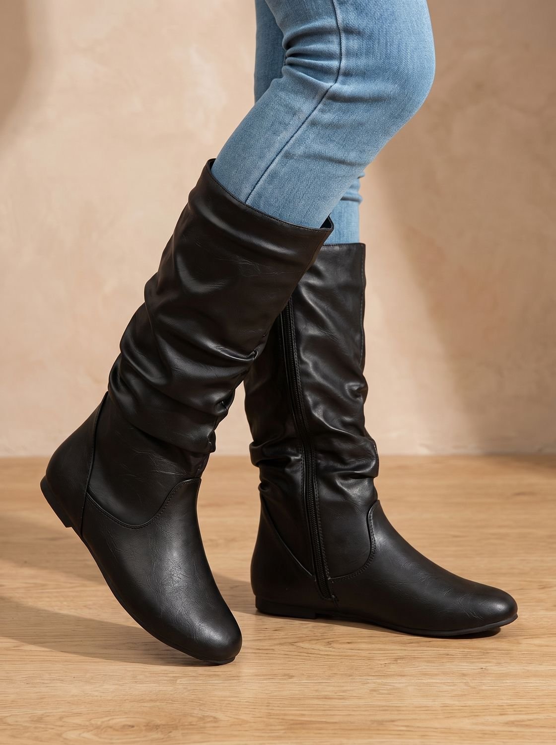 Chic Faux Leather Knee High Boots for Women with Gathered Shaft Side-Zip Flat Heel Pointed-Toe Style