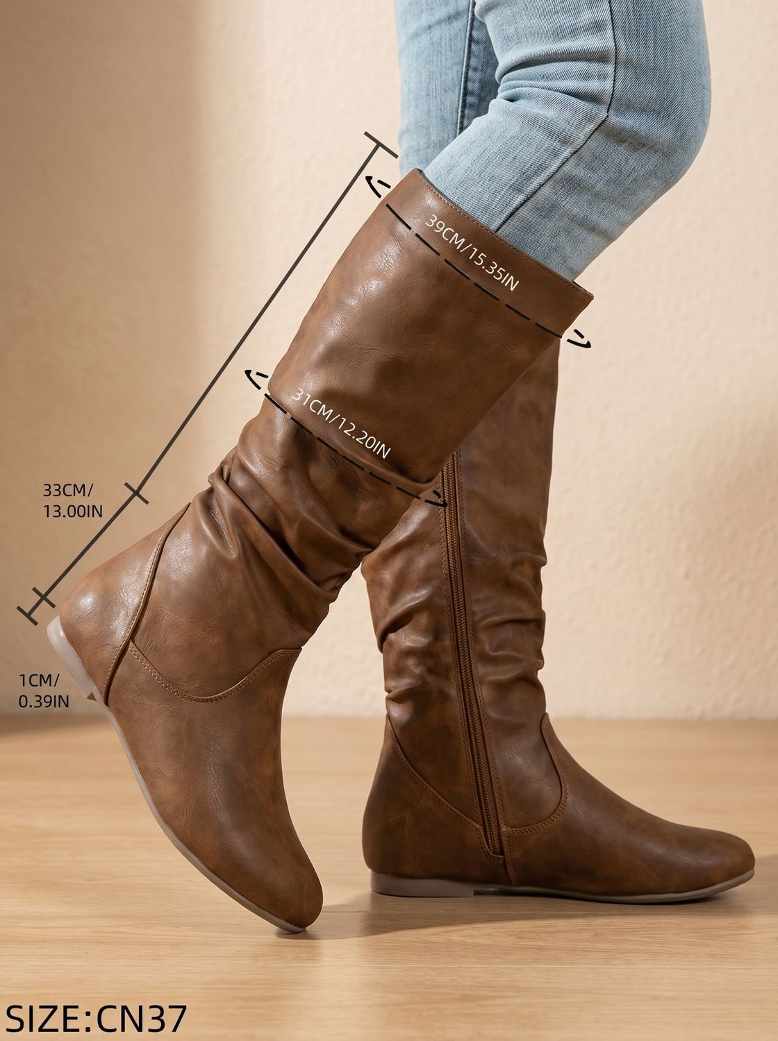 Chic Faux Leather Knee High Boots for Women with Gathered Shaft Side-Zip Flat Heel Pointed-Toe Style