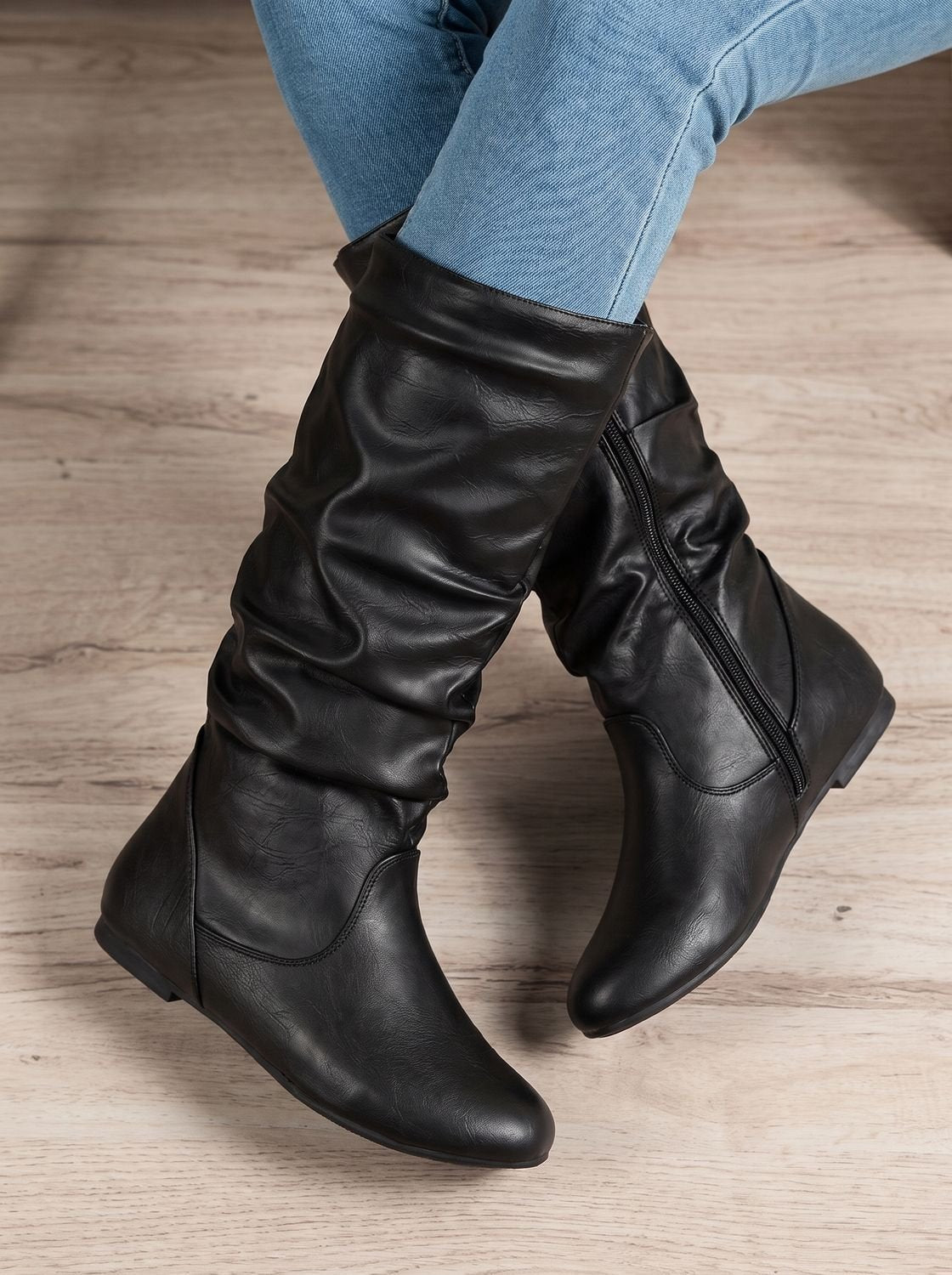 Chic Faux Leather Knee High Boots for Women with Gathered Shaft Side-Zip Flat Heel Pointed-Toe Style