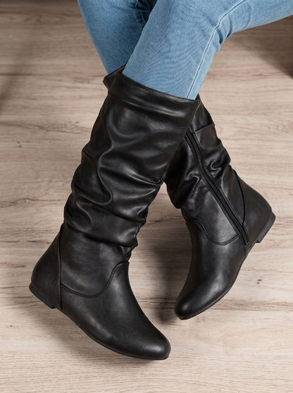Chic Faux Leather Knee High Boots for Women with Gathered Shaft Side-Zip Flat Heel Pointed-Toe Style