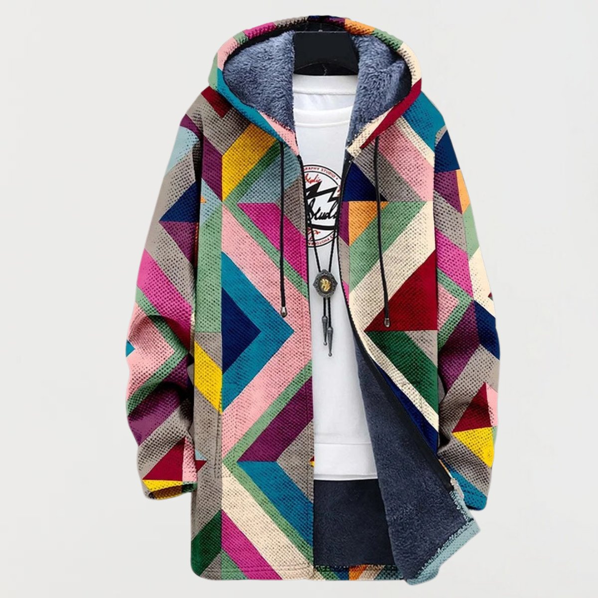 Cozy Geometric Print Oversized Cardigan Sweater for Women with Hooded Long Sleeve Fleece Lined Relaxed Style