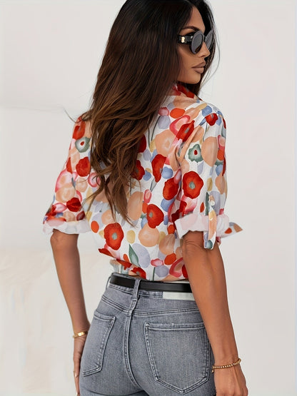 Elegant Floral Print Shirt for Women with Collar Long Sleeve Button Front Relaxed Style
