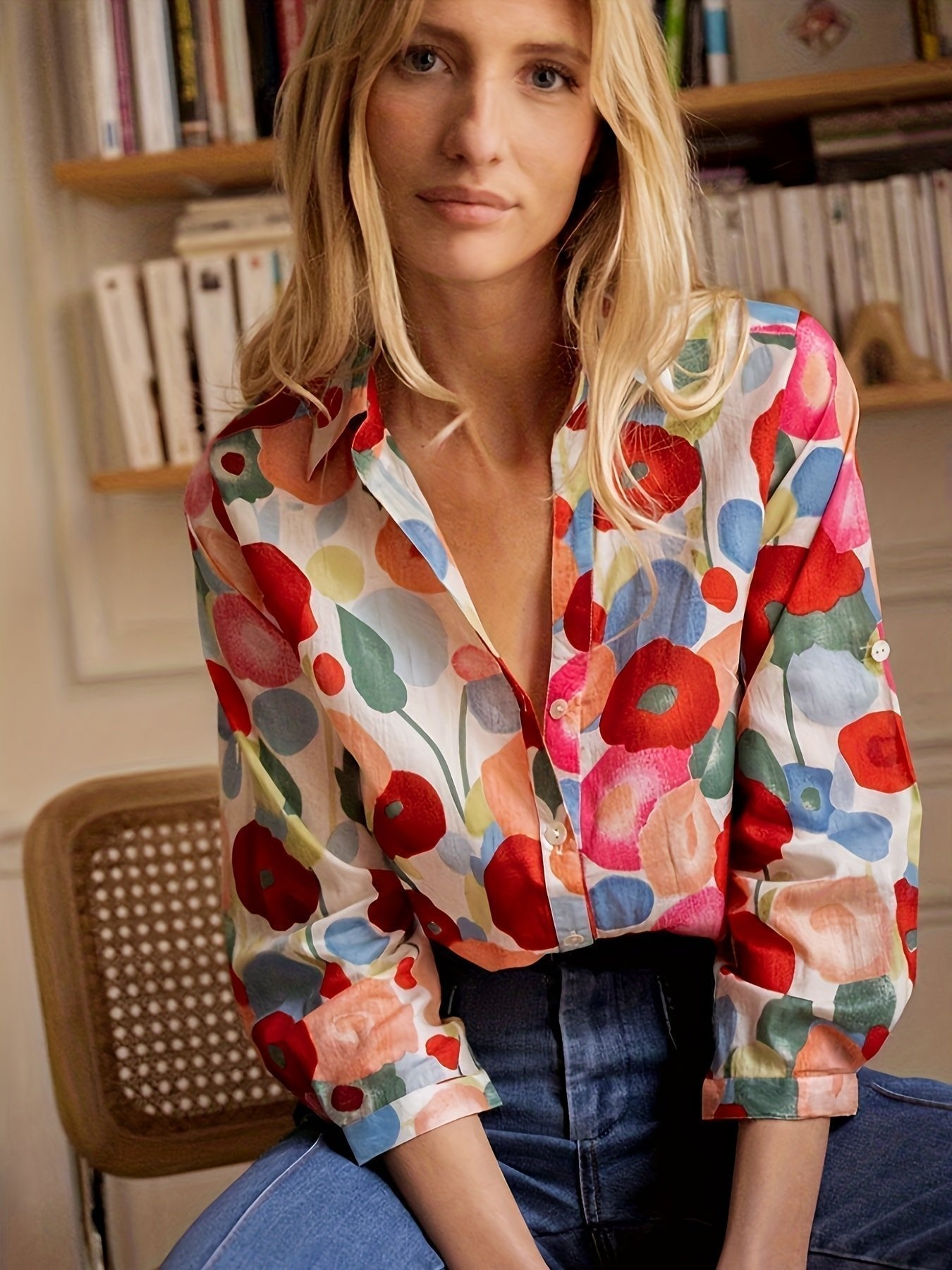 Elegant Floral Print Shirt for Women with Collar Long Sleeve Button Front Relaxed Style