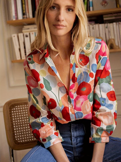 Elegant Floral Print Shirt for Women with Collar Long Sleeve Button Front Relaxed Style