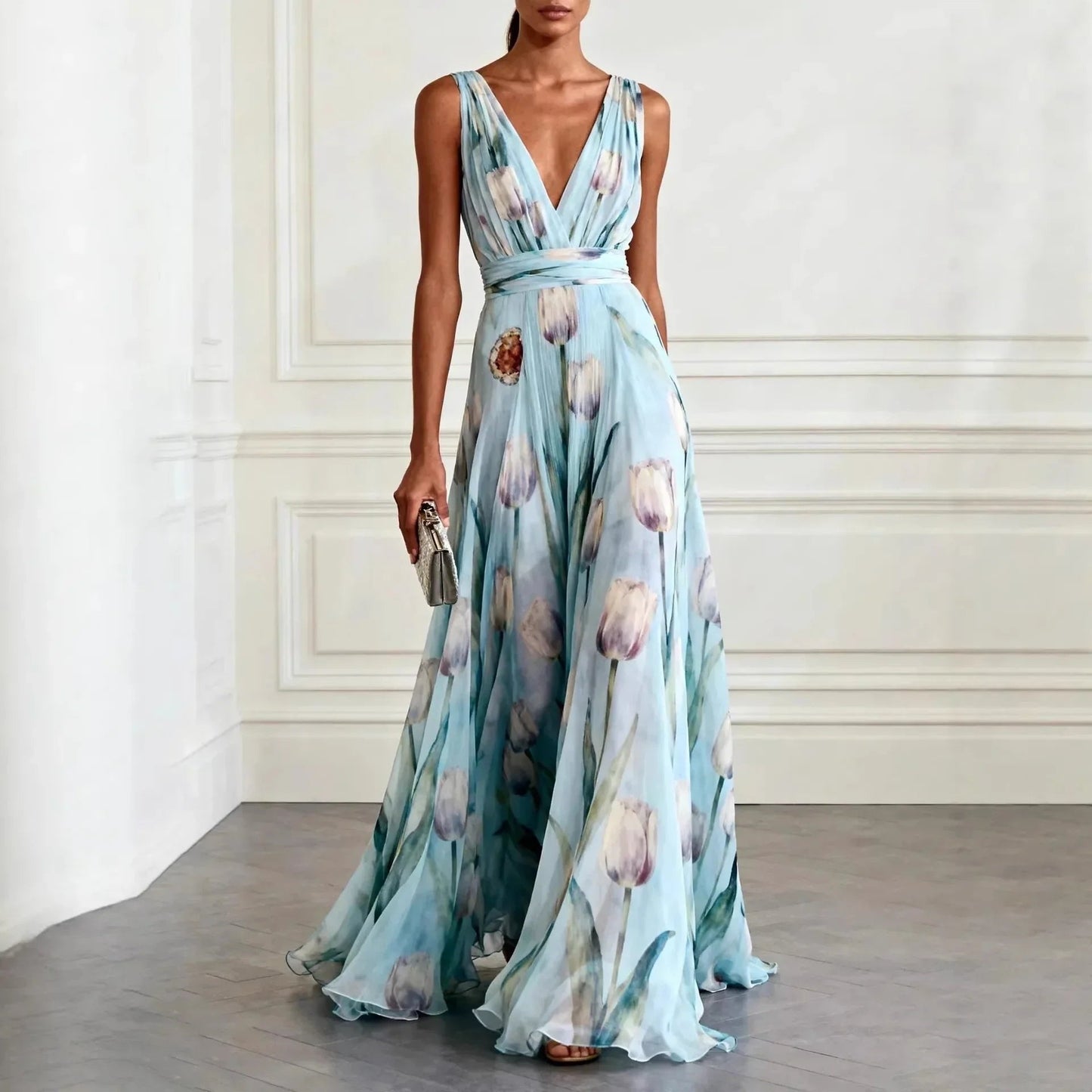 Elegant Floral Maxi Dress for Women with V Neck Sleeveless Flowing Formal Style