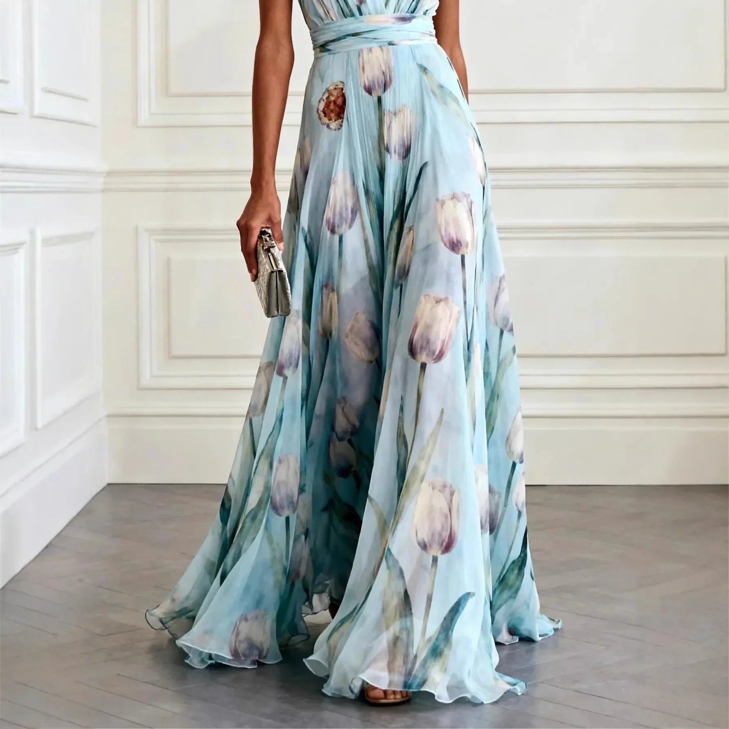 Elegant Floral Maxi Dress for Women with V Neck Sleeveless Flowing Formal Style