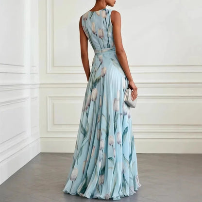 Elegant Floral Maxi Dress for Women with V Neck Sleeveless Flowing Formal Style