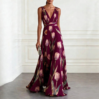 Elegant Floral Maxi Dress for Women with V Neck Sleeveless Flowing Formal Style
