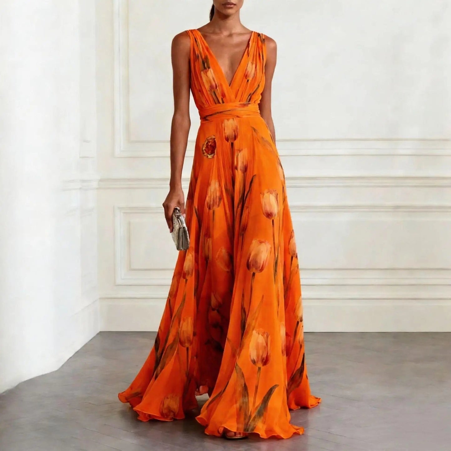 Elegant Floral Maxi Dress for Women with V Neck Sleeveless Flowing Formal Style