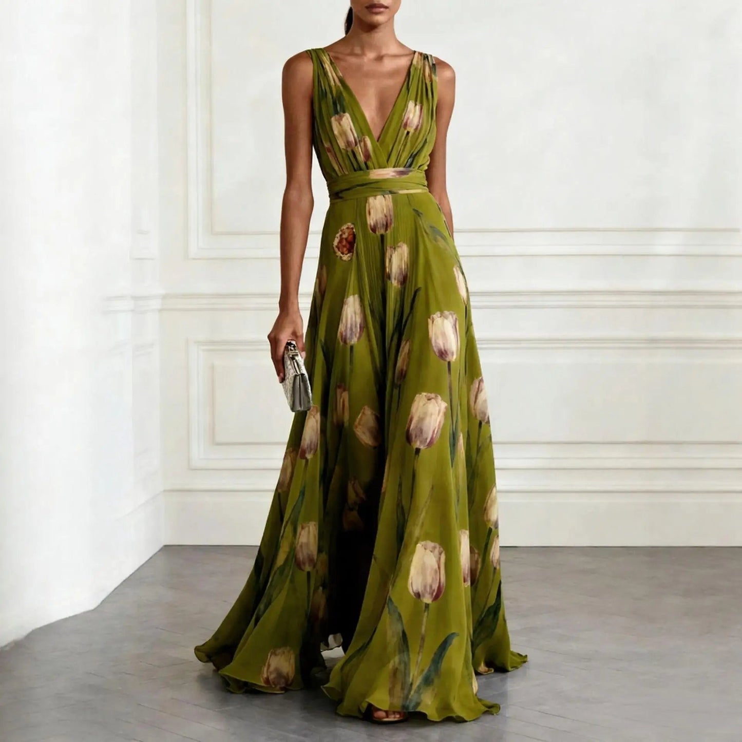 Elegant Floral Maxi Dress for Women with V Neck Sleeveless Flowing Formal Style