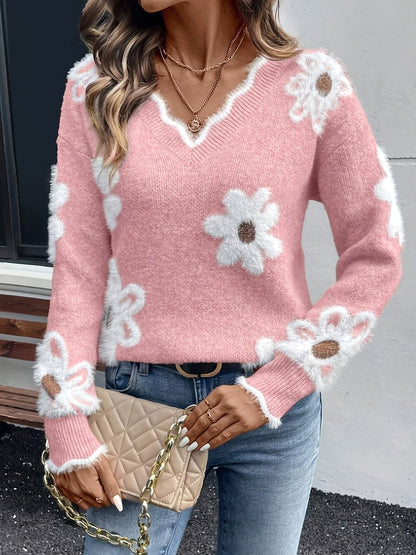 Comfortable Floral Applique Sweater for Women with V Neck Long Sleeve Scalloped Trim Oversized Knit Style