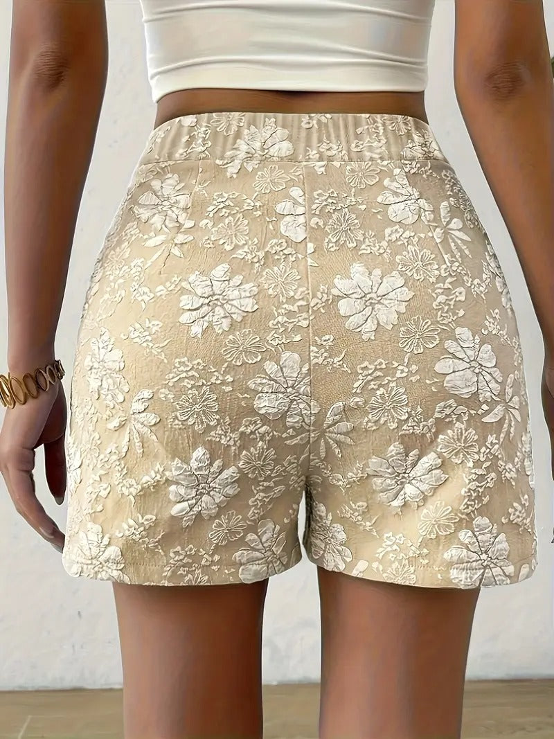 Elegant Pink Floral Jacquard Shorts for Women with High Waisted Button Front Fitted Casual Style