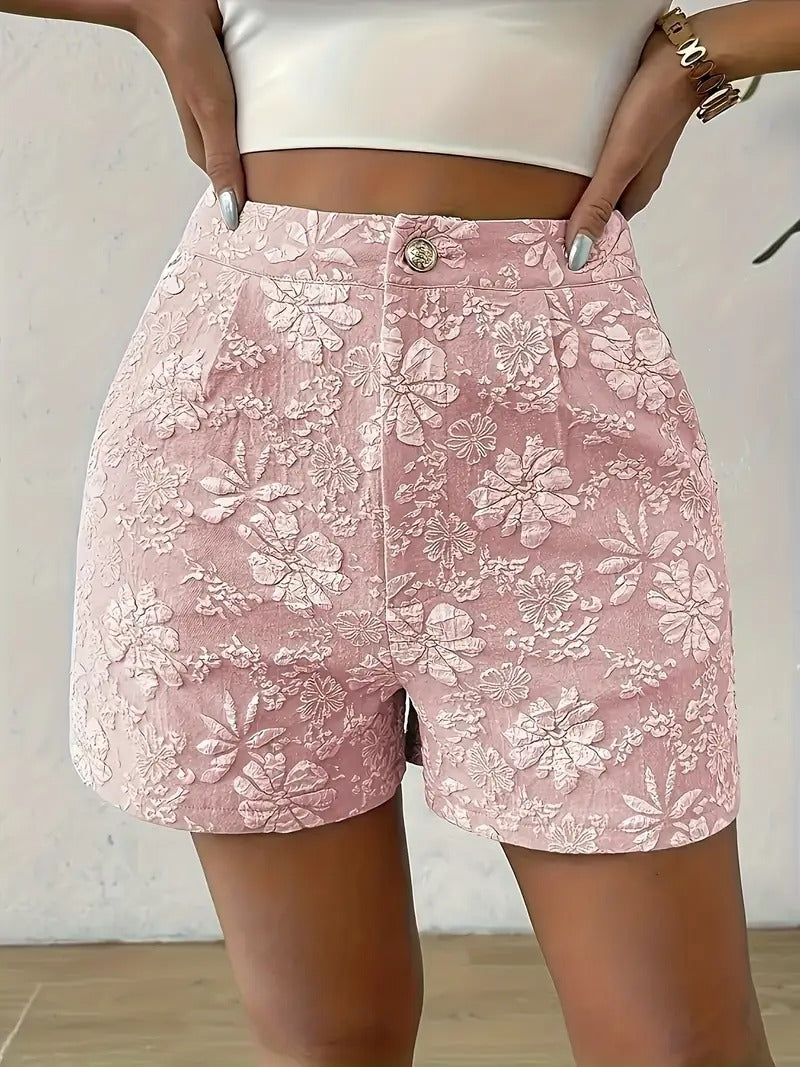 Elegant Pink Floral Jacquard Shorts for Women with High Waisted Button Front Fitted Casual Style