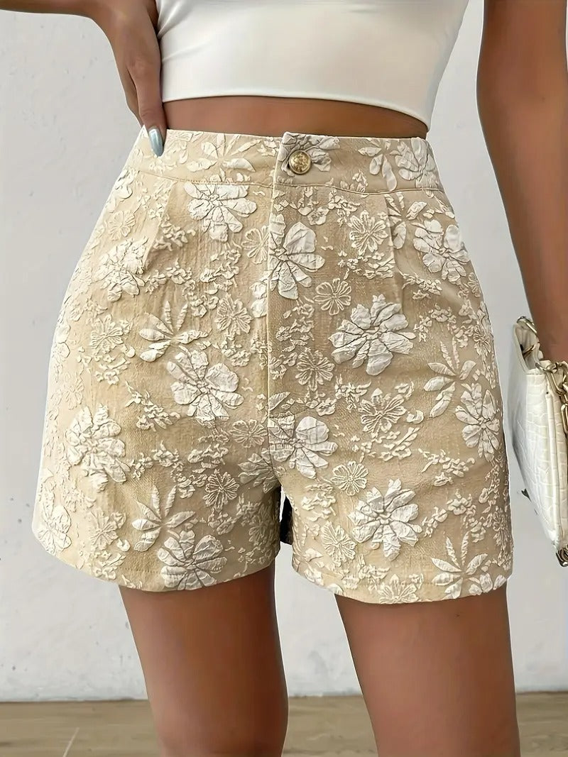 Elegant Pink Floral Jacquard Shorts for Women with High Waisted Button Front Fitted Casual Style
