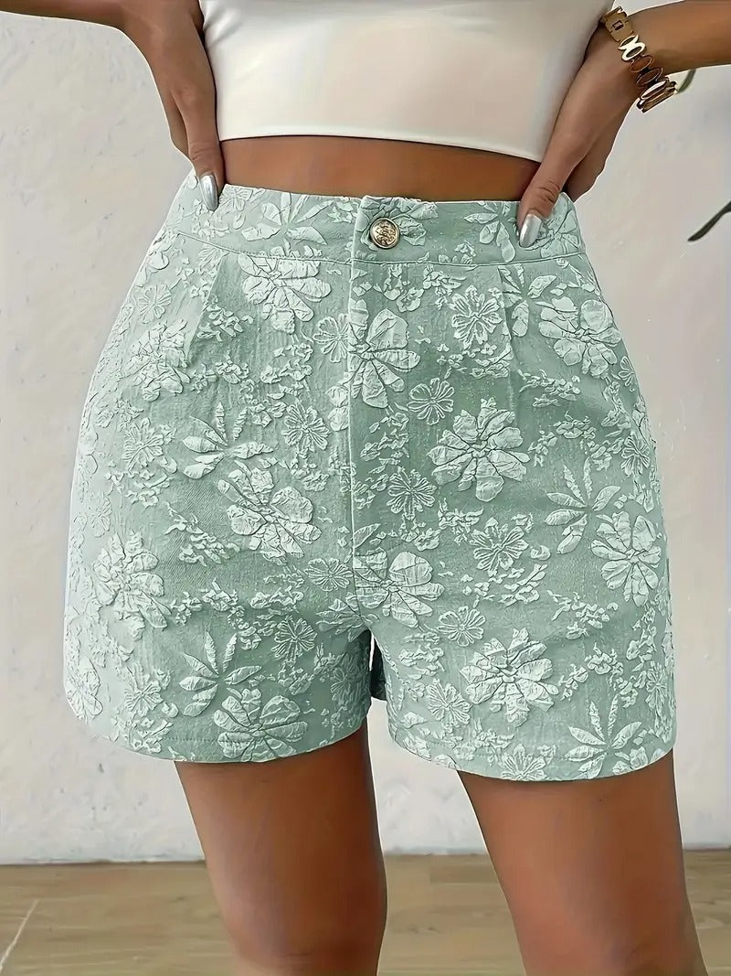 Elegant Pink Floral Jacquard Shorts for Women with High Waisted Button Front Fitted Casual Style