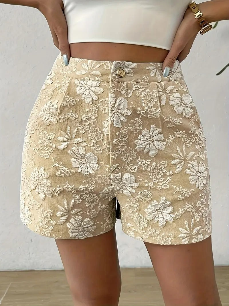 Elegant Pink Floral Jacquard Shorts for Women with High Waisted Button Front Fitted Casual Style