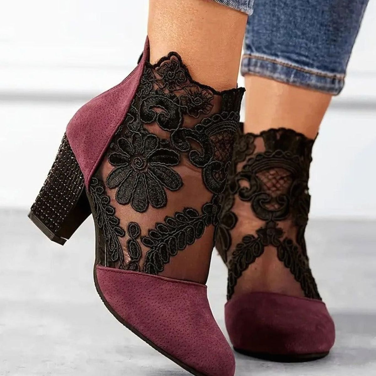 Elegant Heels for Women with Round Toe Floral Lace Block Heel Ankle Boot Style