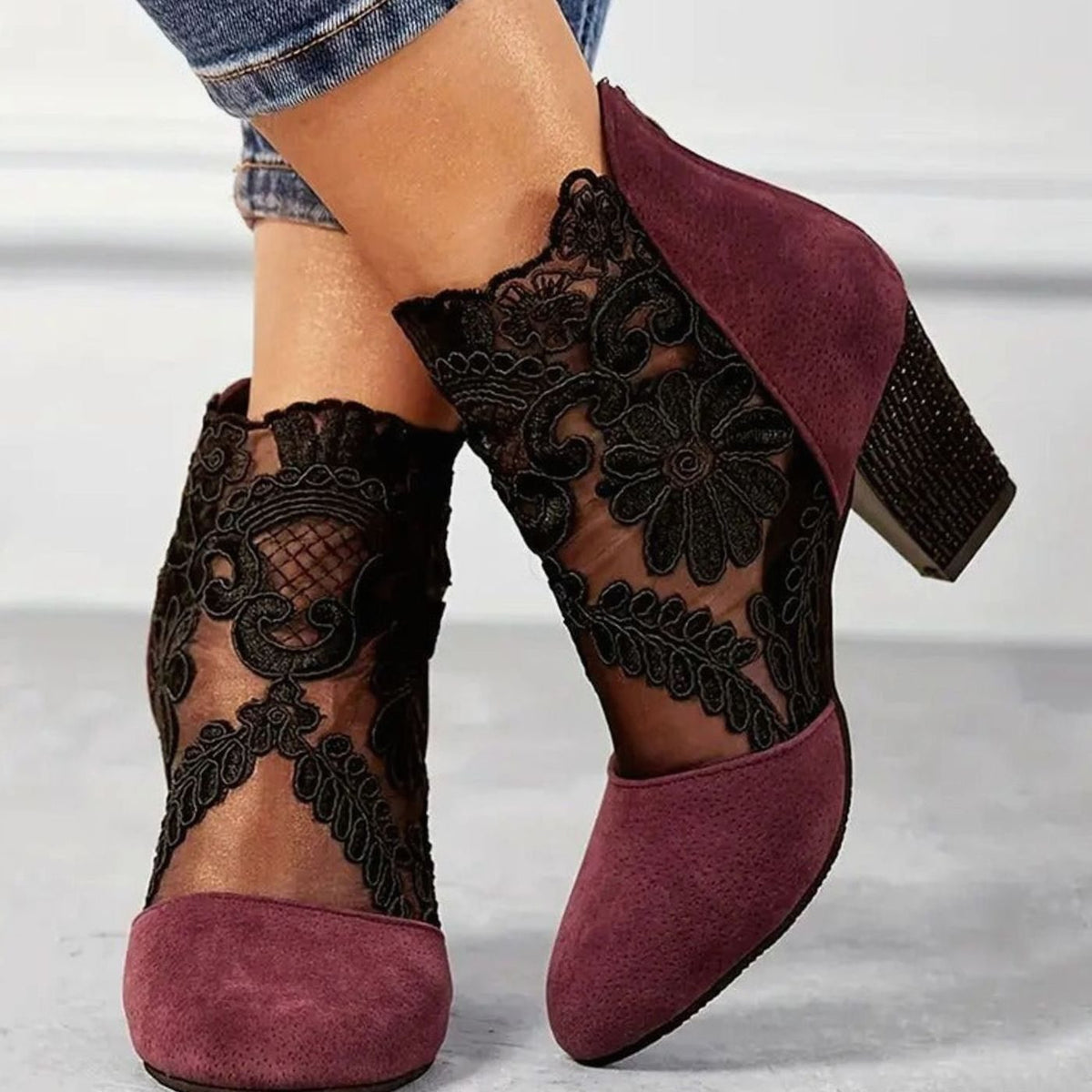 Elegant Heels for Women with Round Toe Floral Lace Block Heel Ankle Boot Style