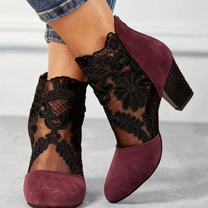 Elegant Heels for Women with Round Toe Floral Lace Block Heel Ankle Boot Style