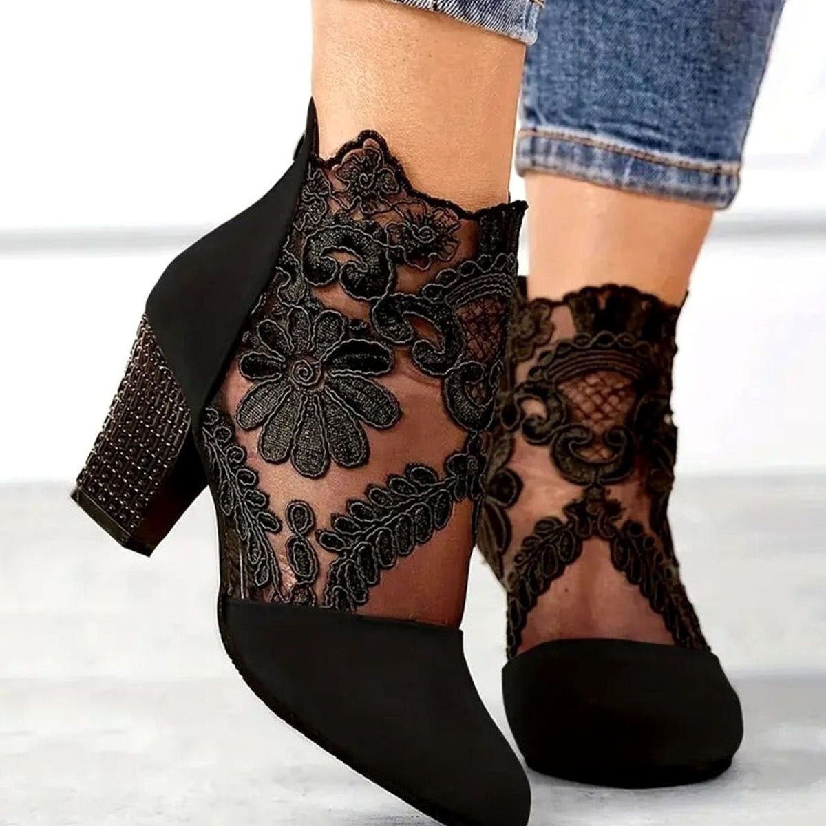 Elegant Heels for Women with Round Toe Floral Lace Block Heel Ankle Boot Style
