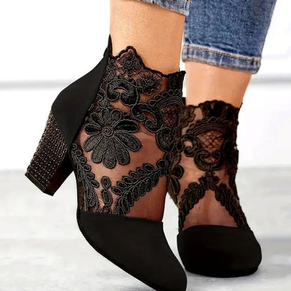 Elegant Heels for Women with Round Toe Floral Lace Block Heel Ankle Boot Style