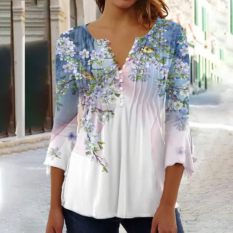 Effortless Floral Blouses for Women with Long Sleeve Henley Button Placket Relaxed Fit