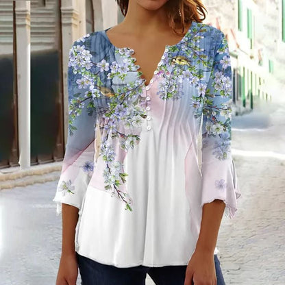 Effortless Floral Blouses for Women with Long Sleeve Henley Button Placket Relaxed Fit