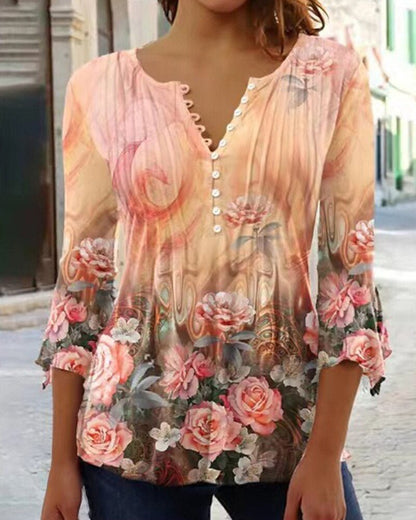 Effortless Floral Blouses for Women with Long Sleeve Henley Button Placket Relaxed Fit