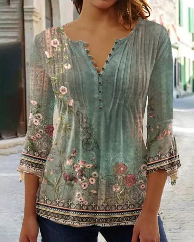 Effortless Floral Blouses for Women with Long Sleeve Henley Button Placket Relaxed Fit