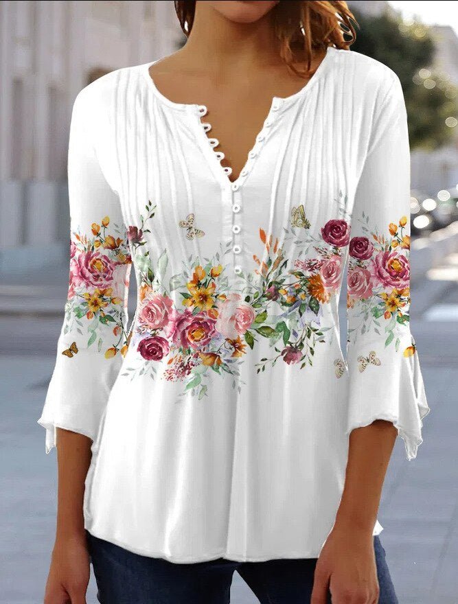 Effortless Floral Blouses for Women with Long Sleeve Henley Button Placket Relaxed Fit